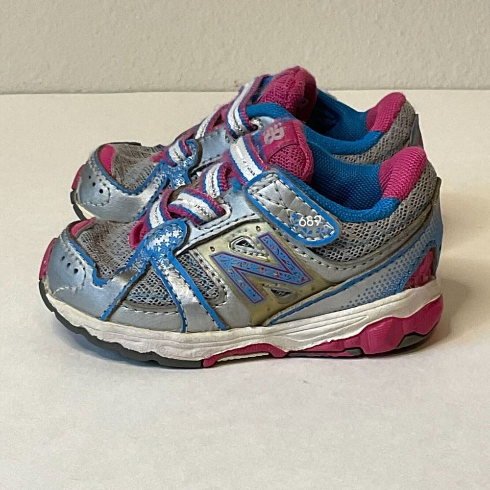 New Balance Kids Sneakers — Silver, Blue & Pink Accents